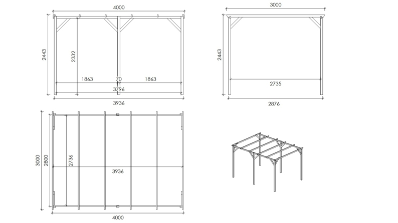 Tettoia posto auto coperto in legno 3x4 m - 12 m2