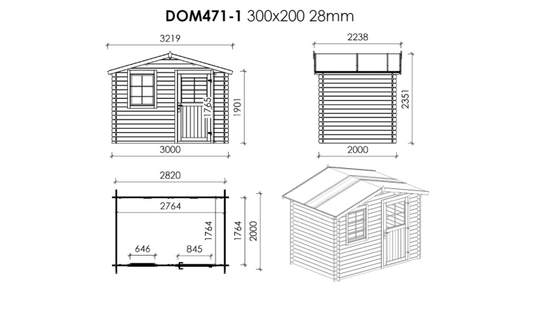 Casetta da giardino in legno con veranda e tettoia - 15m2 - 3x2m - 28mm - colore: naturale