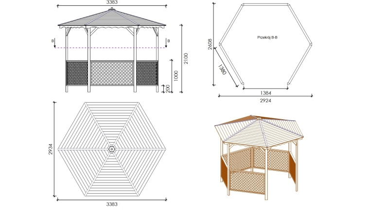 Gazebo da giardino tettoia parasole 3.38x2.79 m – Impregnato