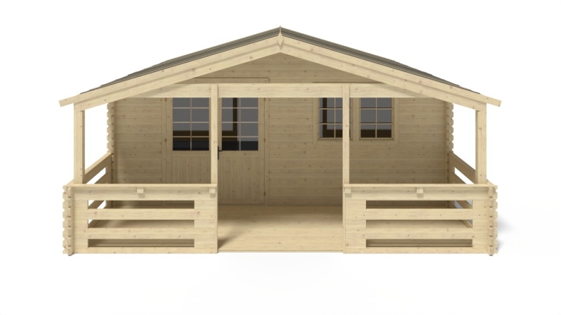 Casetta da giardino in legno con veranda e tettoia - 48m2 - 6x6m - 40mm - colore: naturale