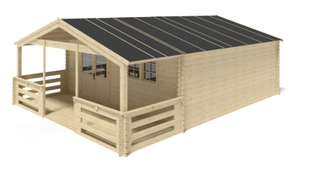 Casetta da giardino in legno con veranda e tettoia - 48m2 - 6x6m - 40mm - colore: naturale