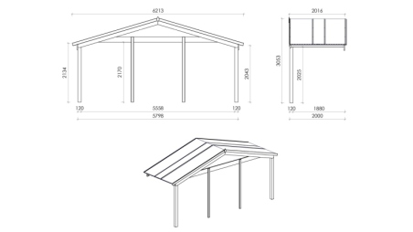 Casetta da giardino in legno con veranda e tettoia - 42m2 - 6x5m - 40mm - colore: naturale