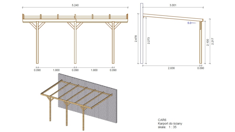 Tettoia posto auto coperto in legno 3x5.24 m - 15 m2 - addossato 
