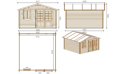 Casetta da giardino in legno con veranda e tettoia - 24m2 - 4x4m - impregnata - 28mm - colore: marrone