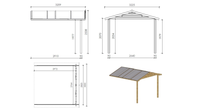 Casetta da giardino in legno con veranda e tettoia - 18m2 - 3x3m - 28mm - colore: naturale
