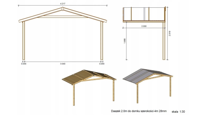 Casetta da giardino in legno con veranda e tettoia - 20m2 - 4x3m - impregnata - 28mm - colore: marrone