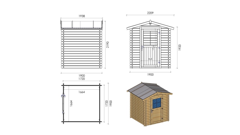 Casetta da giardino in legno - 3.61m2 - 1.9x1.9m - 28mm - colore: naturale