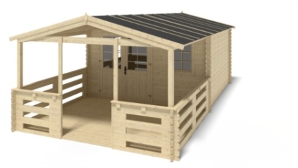 Casetta da giardino in legno con veranda e tettoia - 28m2 - 4x4m - 40mm - colore: naturale