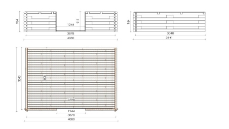 Casetta da giardino in legno con veranda e tettoia - 28m2 - 4x4m - 40mm - colore: naturale