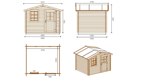 Casetta da giardino in legno con veranda e tettoia - 16.5m2 - 3x2.5m - 28mm - colore: naturale