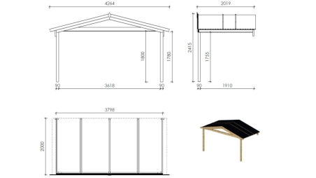 Casetta da giardino in legno con veranda e tettoia - 24m2 - 4x4m - 40mm - colore: naturale