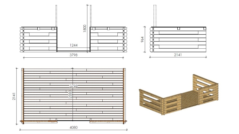 Casetta da giardino in legno con veranda e tettoia - 24m2 - 4x4m - 40mm - colore: naturale