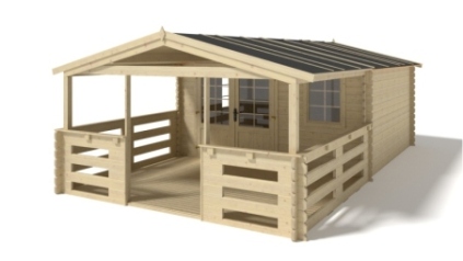 Casetta da giardino in legno con veranda e tettoia - 28m2 - 4x4m - 40mm - colore: naturale