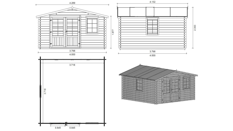 Casetta da giardino in legno con veranda e tettoia - 28m2 - 4x4m - 40mm - colore: naturale