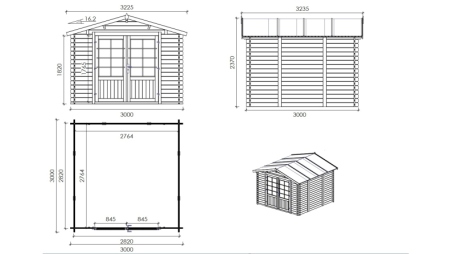 Casetta da giardino in legno - 9m2 - 3x3m - 28mm - colore: naturale