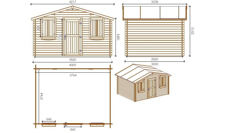 Casetta da giardino in legno - 12m2 - 4x3m - impregnata - 28mm - colore: marrone