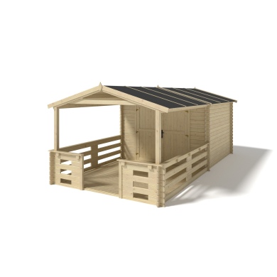 Casetta da giardino in legno con veranda e tettoia - 18m2 - 3x3m - 28mm - colore: naturale