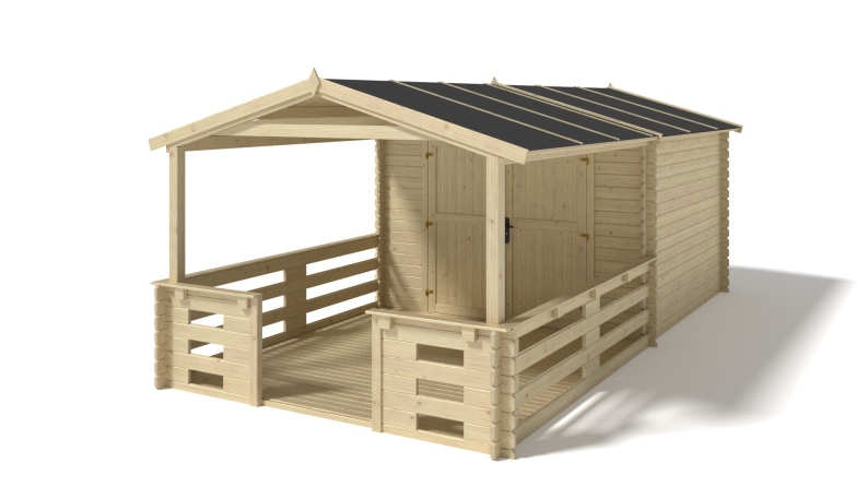 Casetta da giardino in legno con veranda e tettoia - 18m2 - 3x3m - 28mm - colore: naturale