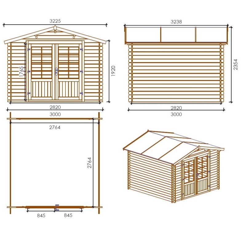 Casetta da giardino in legno con veranda e tettoia - 18m2 - 3x3m - impregnata - 28mm - colore: 