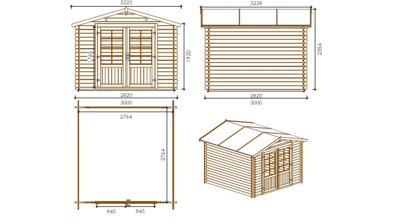 Casetta da giardino in legno con veranda e tettoia - 18m2 - 3x3m - impregnata - 28mm - colore: marrone