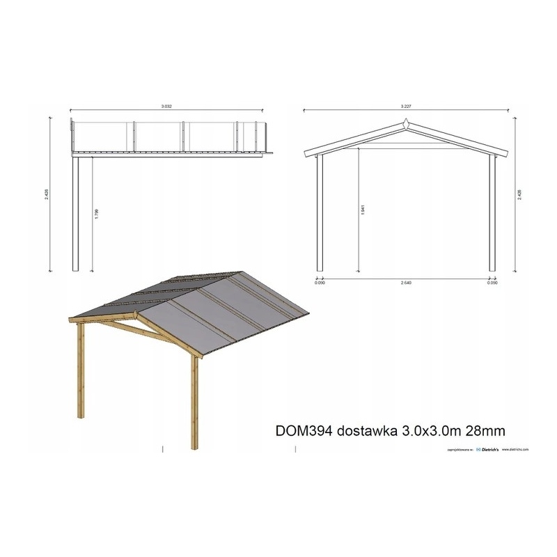 Casetta da giardino in legno con veranda e tettoia - 18m2 - 3x3m - impregnata - 28mm - colore: 