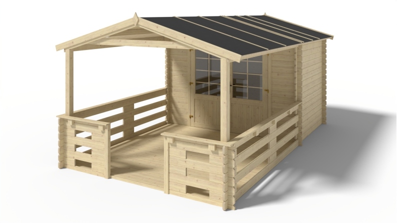 Casetta da giardino in legno con veranda e tettoia - 15m2 - 3x2m - 28mm - colore: naturale
