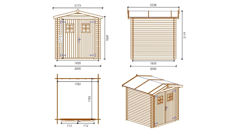 Casetta da giardino in legno - 4m2 - 2x2m - 19mm - colore: naturale