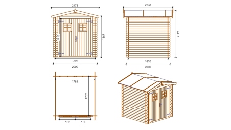 Casetta da giardino in legno - 4m2 - 2x2m - 19mm - colore: naturale