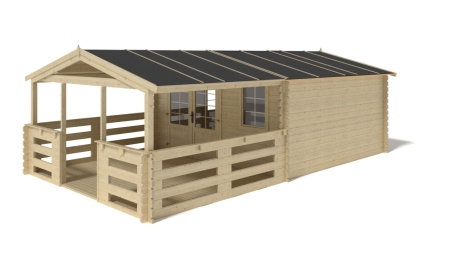 Casetta da giardino in legno con veranda e tettoia - 28m2 - 4x4m - 40mm - colore: naturale