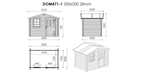 Casetta da giardino in legno con veranda e tettoia - 15m2 - 3x2m - 28mm - colore: naturale
