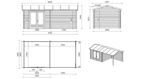 Casetta da giardino in legno - 17.4m2 - 5.79x3m - 28mm - colore: naturale