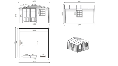 Casetta da giardino in legno - 15.21m2 - 3.9x3.9m - 40mm - colore: naturale