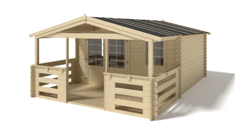 Casetta da giardino in legno con veranda e tettoia - 24m2 - 4x4m - 40mm - colore: naturale
