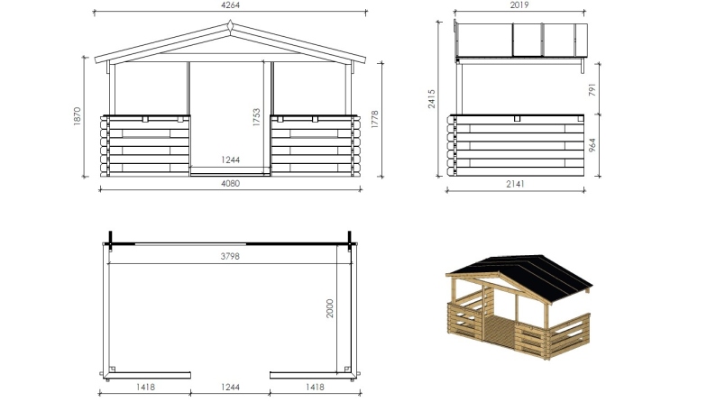 Casetta da giardino in legno con veranda e tettoia - 24m2 - 4x4m - 40mm - colore: naturale