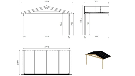 Casetta da giardino in legno con veranda e tettoia - 24m2 - 4x4m - 40mm - colore: naturale