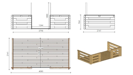 Casetta da giardino in legno con veranda e tettoia - 24m2 - 4x4m - 40mm - colore: naturale