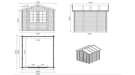 Casetta da giardino in legno - 9m2 - 3x3m - 28mm - colore: naturale