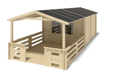 Casetta da giardino in legno con veranda e tettoia - 21m2 - 3x4m - 28mm - colore: naturale