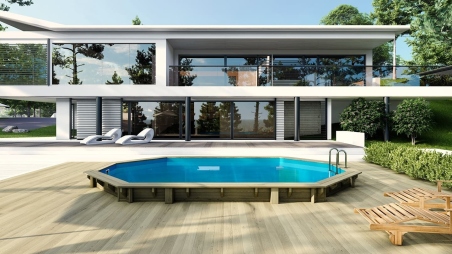 Piscina Sao Paulo 6.57 x 4.07 - H.1.2 m, azzurro chiaro, con supporti fissati al calcestruzzo