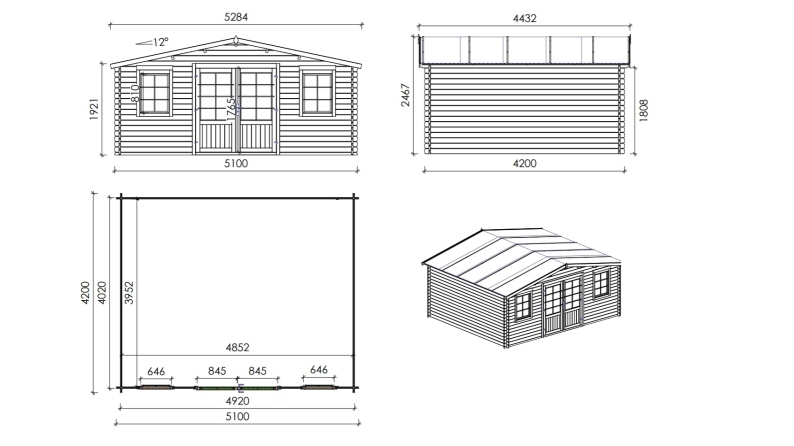 Casetta da giardino in legno - 21.42m2 - 5.1x4.2m - 34mm - colore: naturale