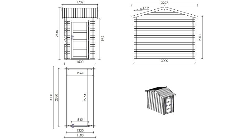Casetta da giardino in legno – 1.5x3 m con estensione 1.5x2.76 m - 15.56 m²