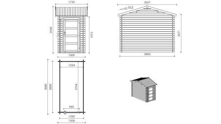 Casetta da giardino in legno – 1.5x3 m con estensione 4x2.76 m - 15.56 m²