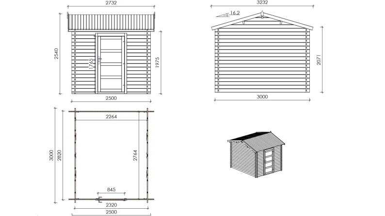 Casetta da giardino in legno – 2.5x3 m con estensione 2.5x2.76 m - 18.56 m²