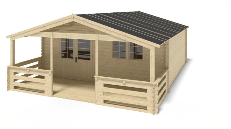 Casetta da giardino in legno con veranda e tettoia - 48m2 - 6x6m - 40mm - colore: naturale
