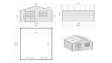 Casetta da giardino in legno con veranda e tettoia - 48m2 - 6x6m - 40mm - colore: naturale