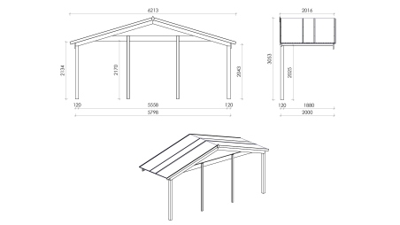Casetta da giardino in legno con veranda e tettoia - 48m2 - 6x6m - 40mm - colore: naturale