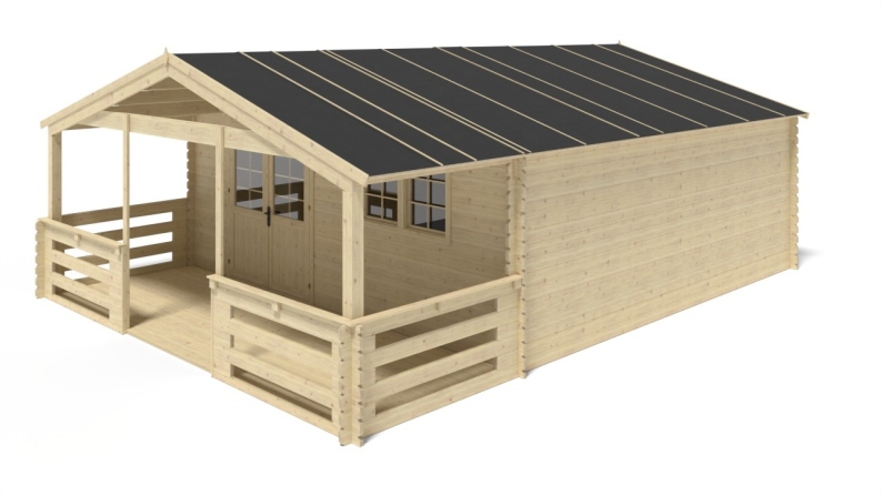 Casetta da giardino in legno con veranda e tettoia - 48m2 - 6x6m - 40mm - colore: naturale