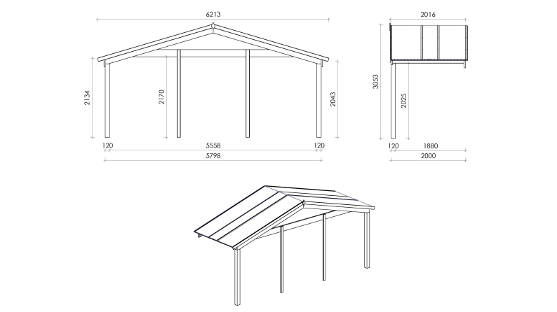 Casetta da giardino in legno con veranda e tettoia - 42m2 - 6x5m - 40mm - colore: naturale