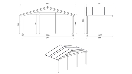Casetta da giardino in legno con veranda e tettoia - 48m2 - 6x5m - 40mm - colore: naturale