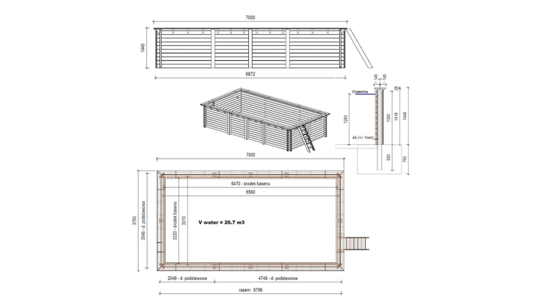 Piscina in legno Aqua 7x3.75 - H.1.45 m su telaio senza cementazione